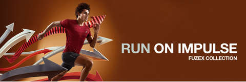 Ein Mann läuft in einem roten Trainingsshirt. Der Text: "Run on Impulse fuzeX Collection" steht auf der rechten Seite des Bildes.