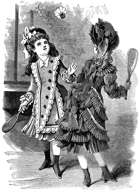 Ein gemaltes Bild von 2 Frauen, die Badminton spielen.