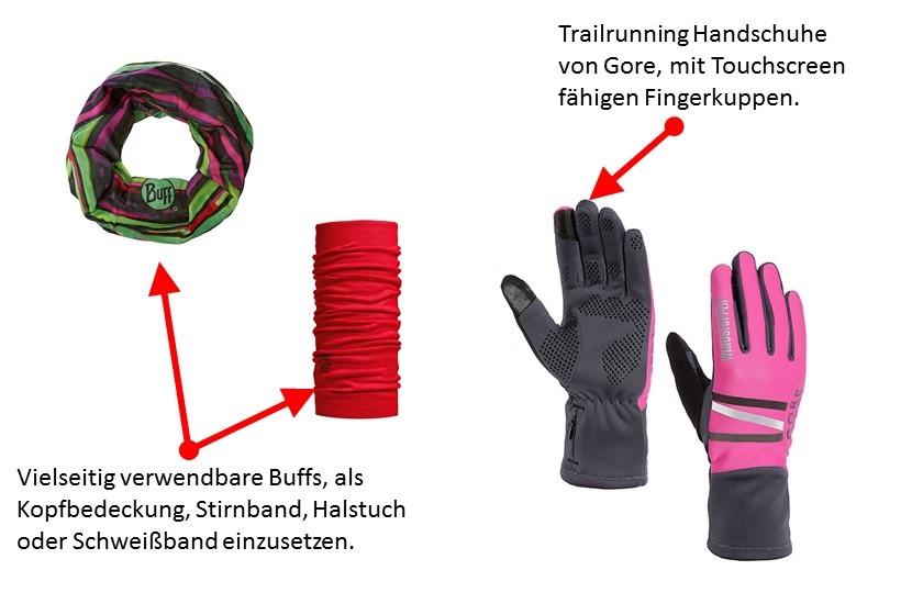 Schaubild eines Buffs und Trailrunning-Handschuhen von Gore