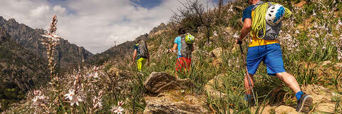 Zwei Männer und eine Frau wandern in kurzen Wanderhosen durch ein Gebirge.