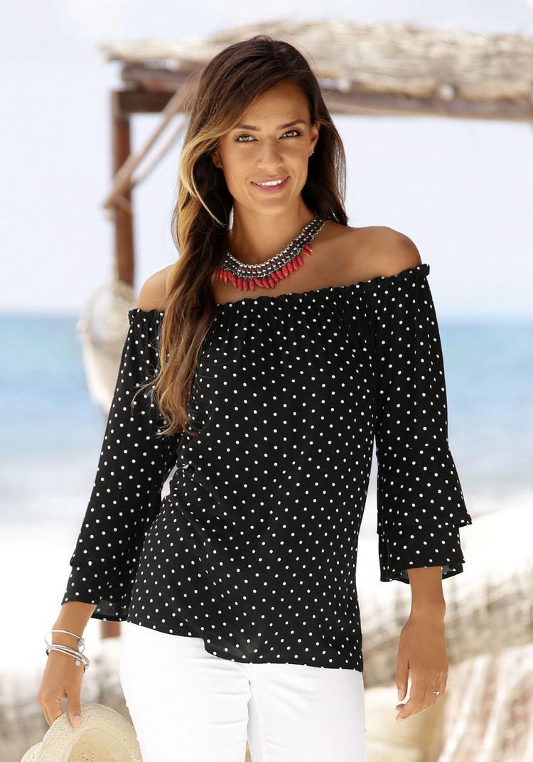 Lascana Lascana Carmenbluse Langarmbluse Damen - schwarz-wei&szlig;-gepunktet - 0 | SportScheck