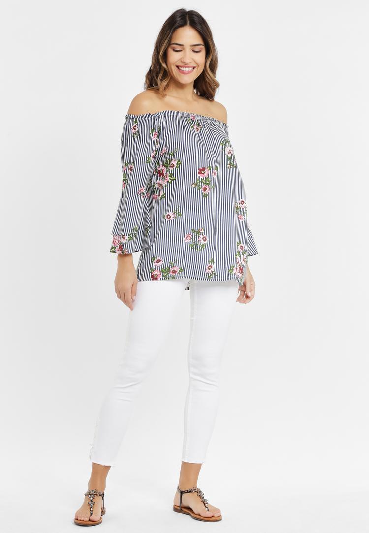 Lascana Lascana Carmenbluse Langarmbluse Damen - marine-wei&szlig;-gestreift - 0 | SportScheck