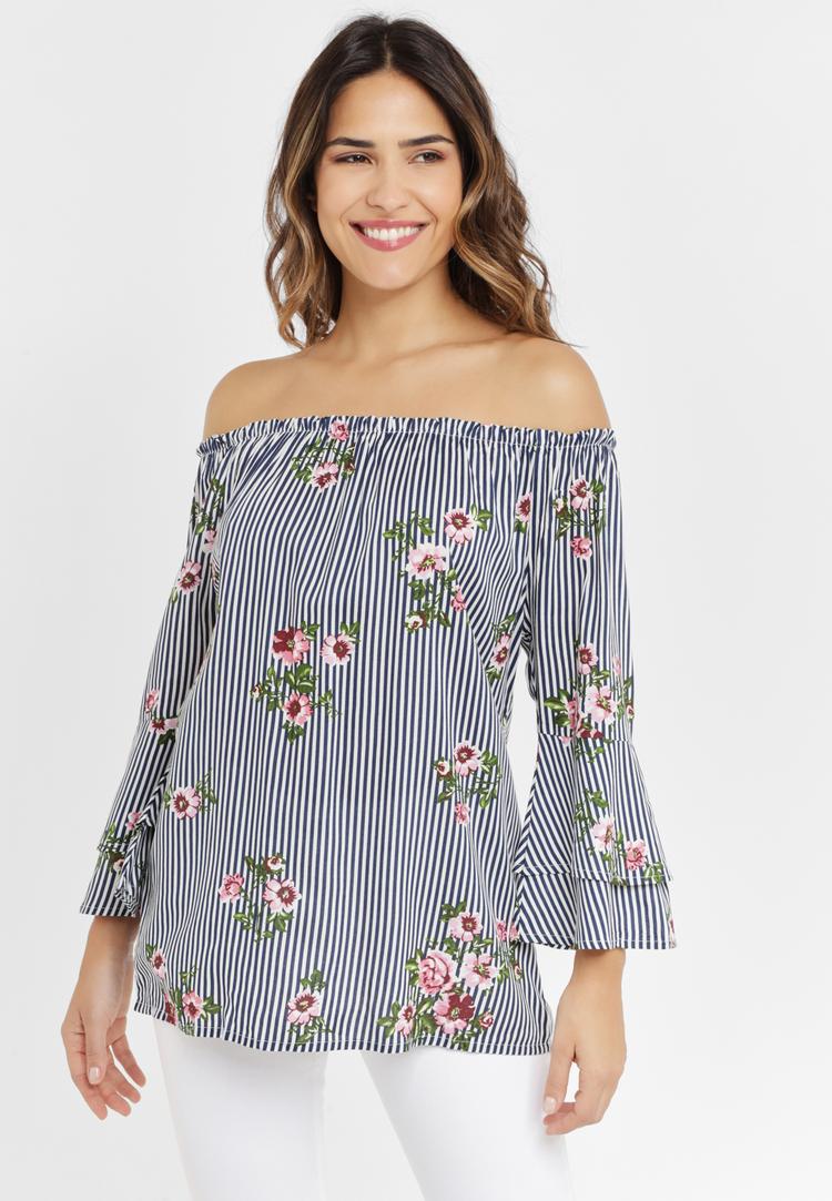 Lascana Lascana Carmenbluse Langarmbluse Damen - marine-wei&szlig;-gestreift - 1 | SportScheck