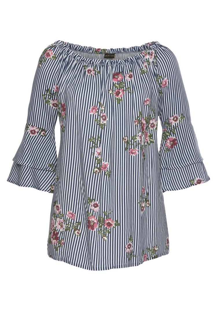 Lascana Lascana Carmenbluse Langarmbluse Damen - marine-wei&szlig;-gestreift - 2 | SportScheck