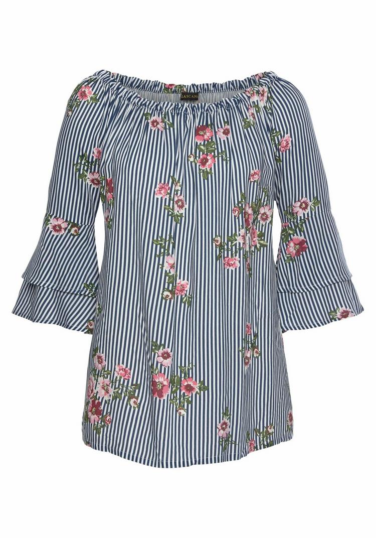 Lascana Lascana Carmenbluse Langarmbluse Damen - marine-wei&szlig;-gestreift - 1 | SportScheck