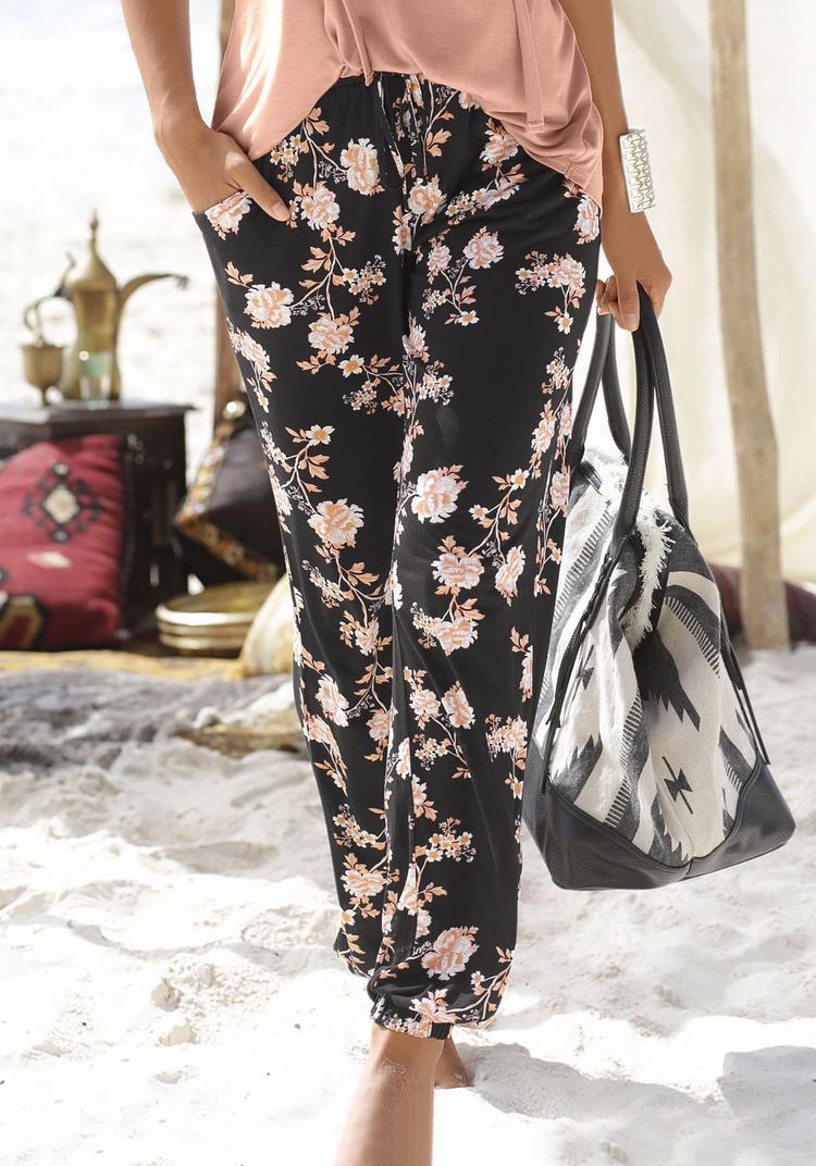 Lascana Lascana Strandhose Stoffhose Damen - schwarz-orange-bedruckt - 3 | SportScheck