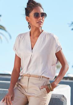 Rückansicht von Vivance Kurzarmbluse Kurzarmbluse Damen sand-weiß-gestreift