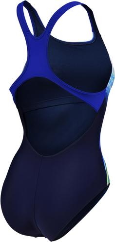 Rückansicht von Arena VISUAL WAVES Schwimmanzug Damen navy-neon blue multi-neon blue