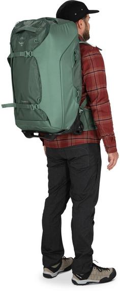 Rückansicht von Osprey Sojourn Wheeled Travel Pack 25in-60L Trolley koseret green