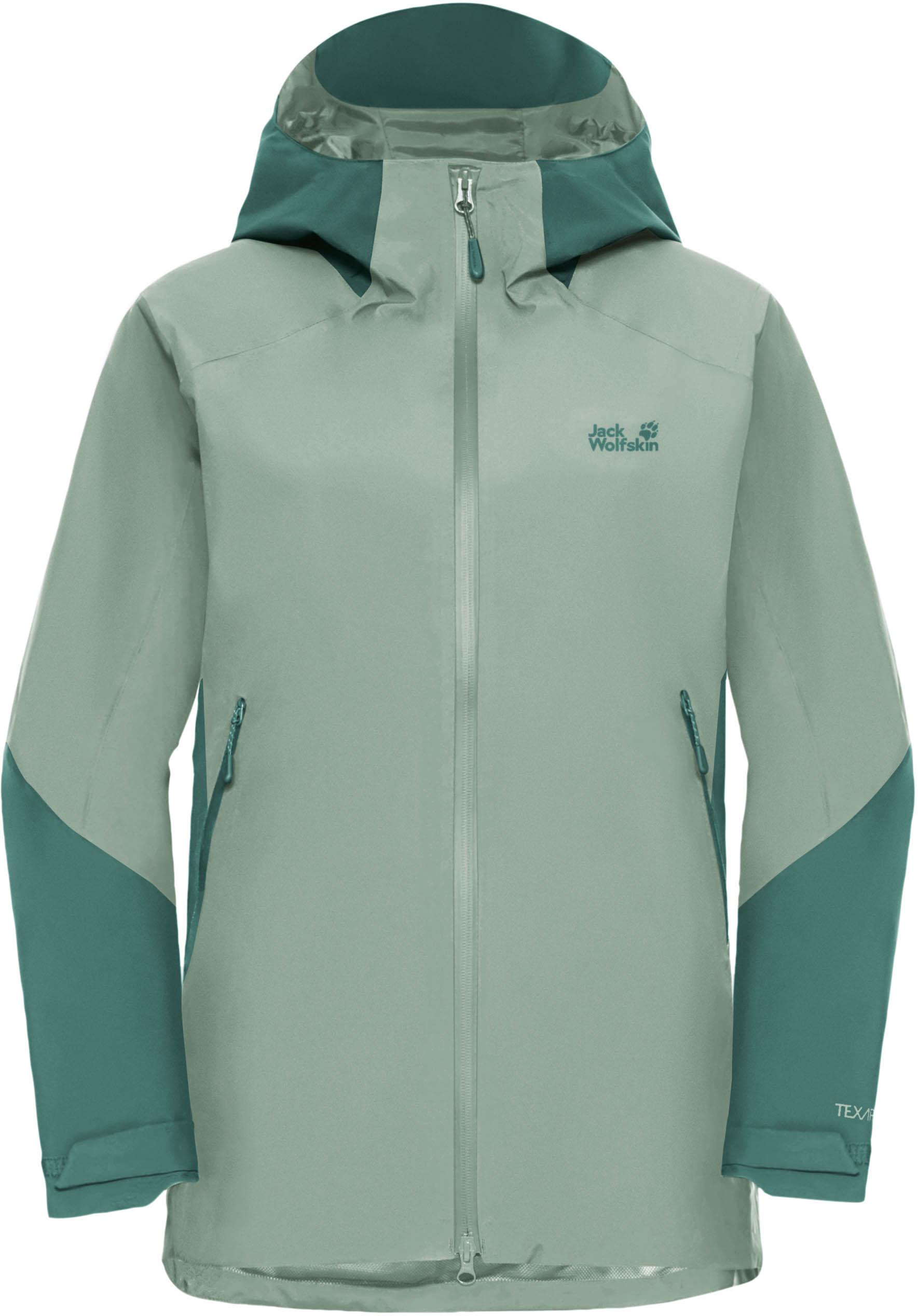Jack Wolfskin Regenjacke Wind- und Wasserdicht Kapuze Kordelzug Polyester Grün