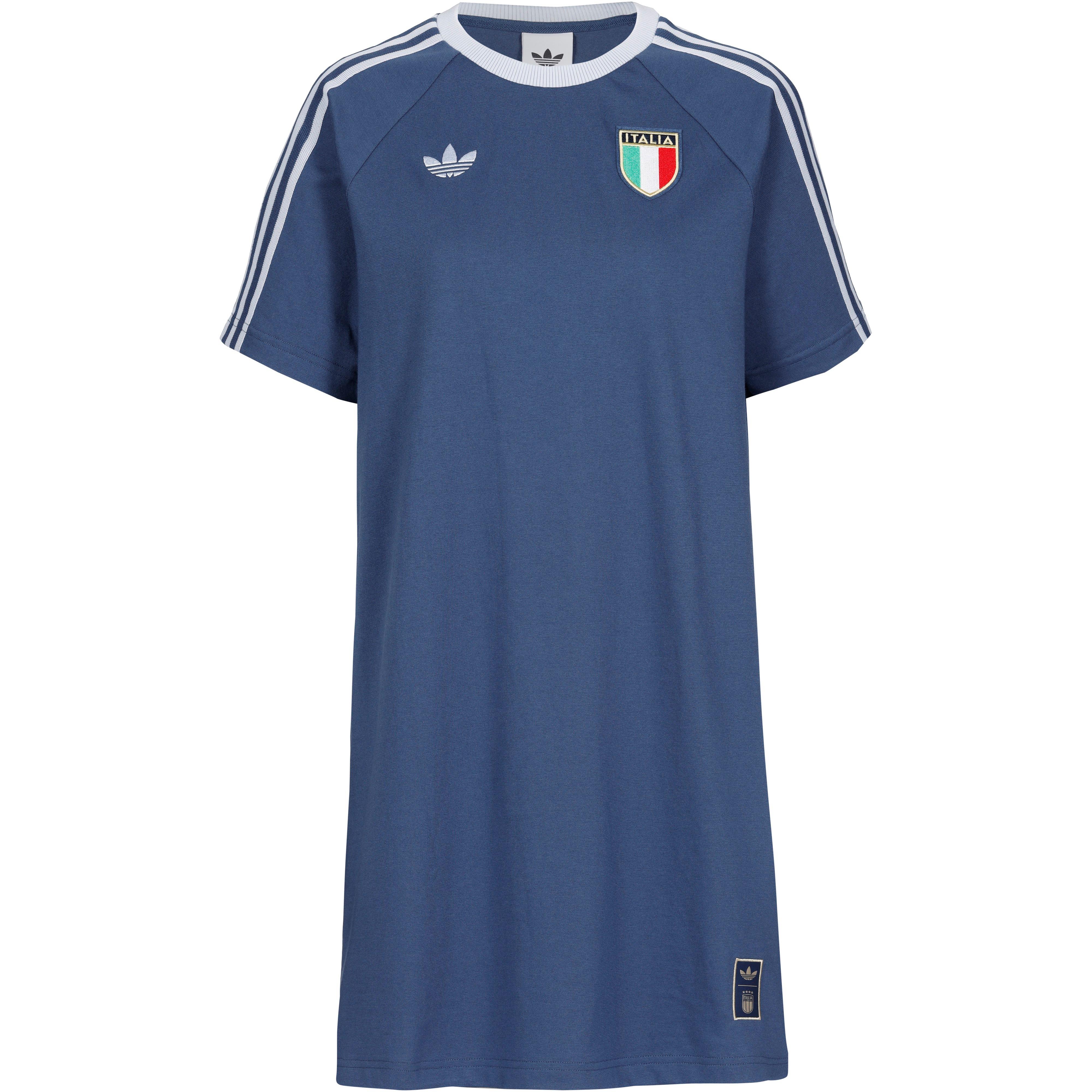Adidas T-Shirt-Kleid gerippter Rundhalsausschnitt Trefoil-Stickerei Mischgewebe Blau