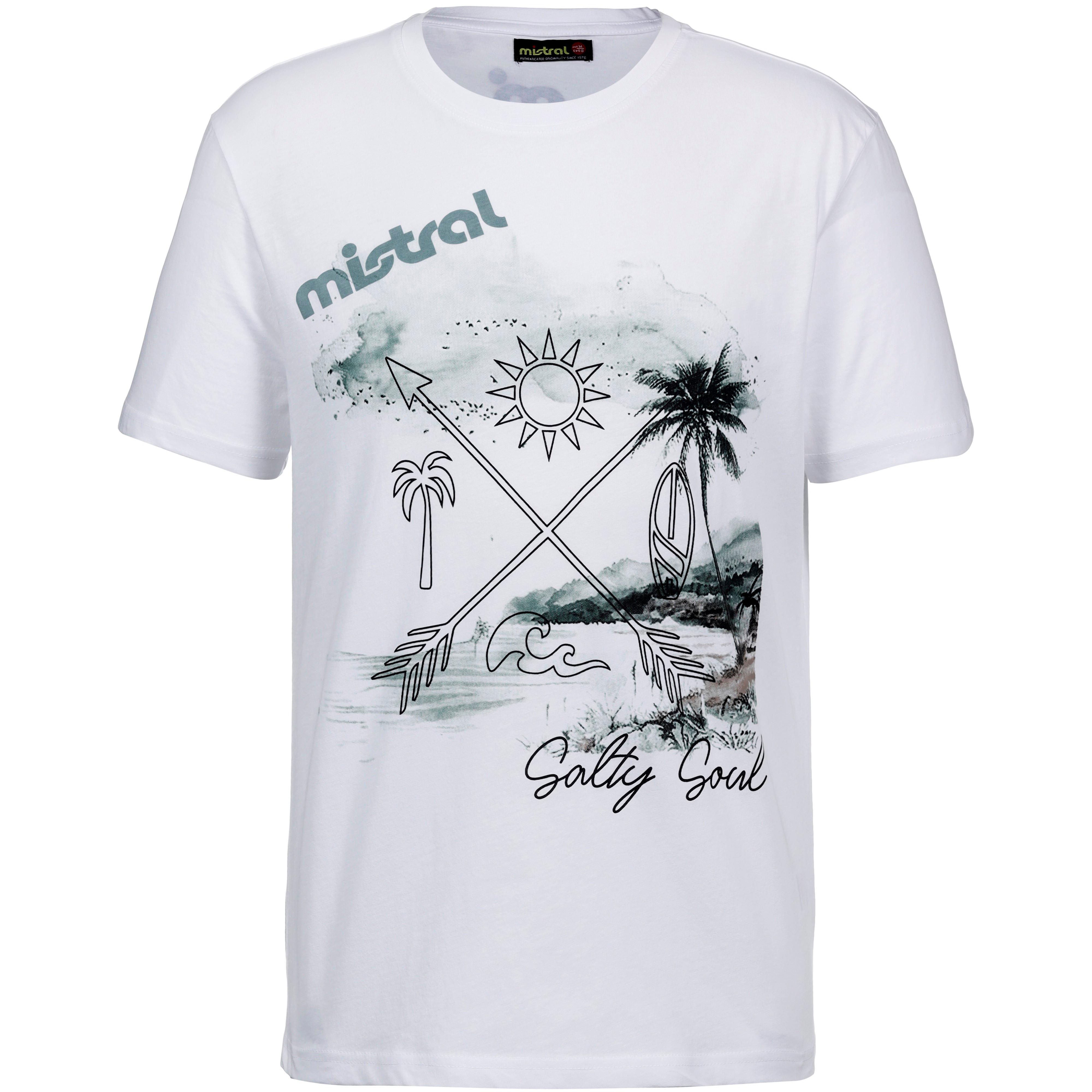 Mistral T-Shirt Ripp-Rundhals Frontprint Naturfaser Weiß