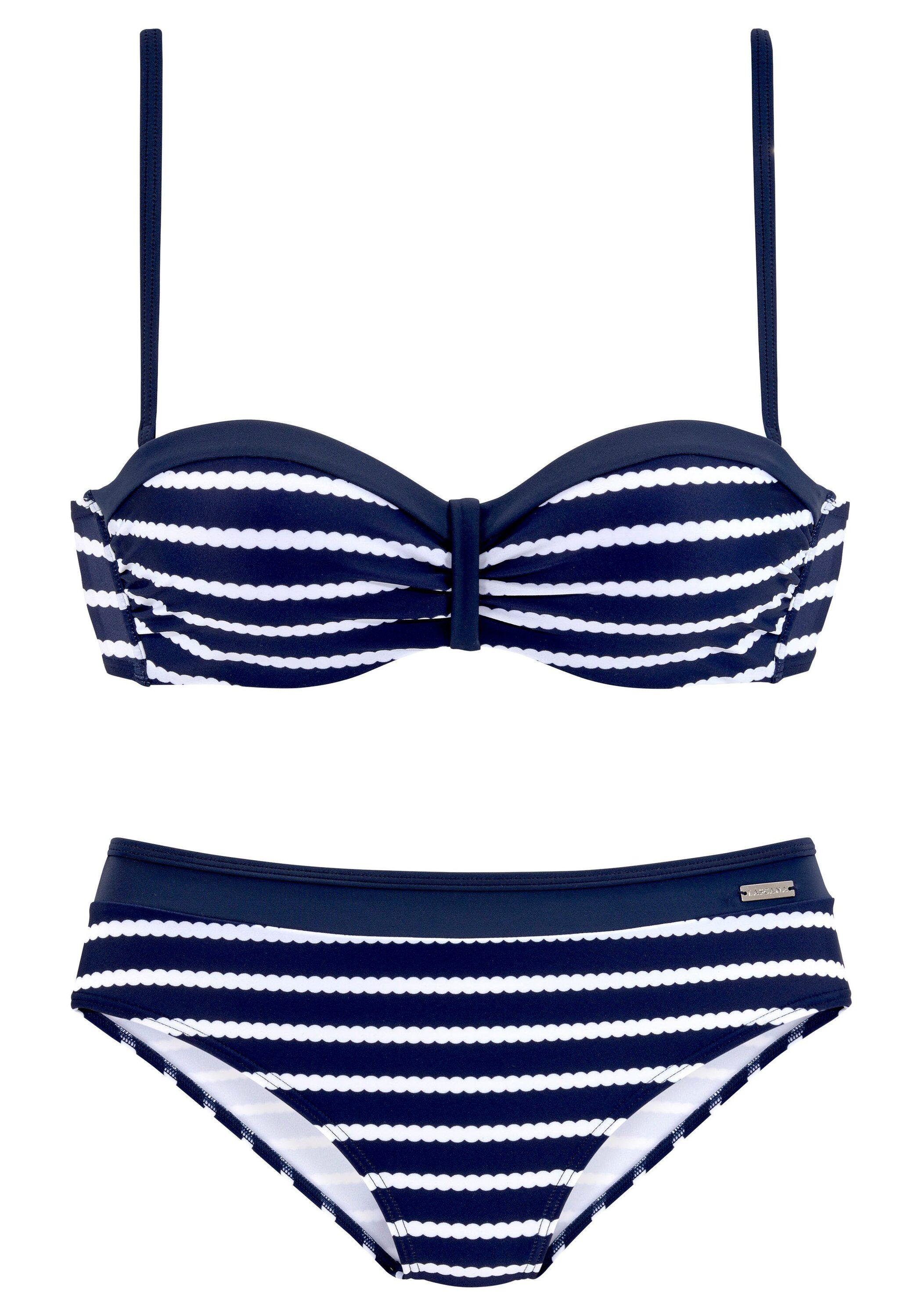 Push Up Bandeau Bikini Blau-Weiß Gestreift - Damen Badeanzug Set Mit Brazilian Tanga