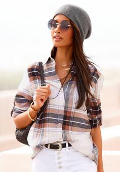 Rückansicht von Buffalo Hemdbluse Kurzarmbluse Damen braun-creme-kariert