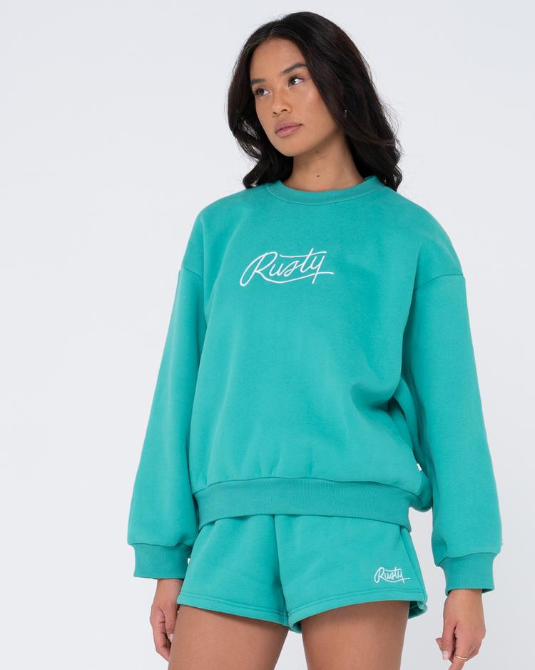 RUSTY RUSTY RUSTY SCRIPT OVERSIZE CREW NECK FLEECE Rundhalspullover Damen - Emerald - 3 | SportScheck