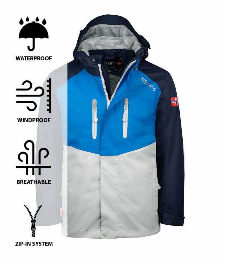Trollkids Trollkids Nusfjord Regenjacke Kinder - Marineblau/Leuchtblau/Wolkengrau - 0 | SportScheck