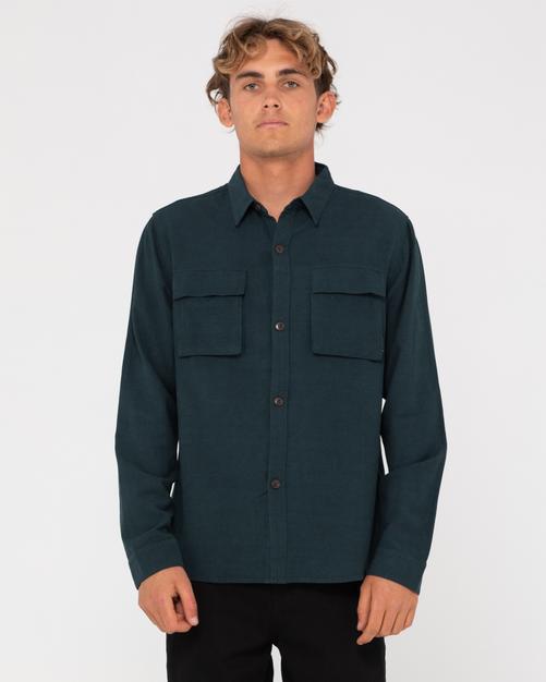 Rückansicht von RUSTY LINEN WORKWEAR LONG SLEEVE SHIRT Langarmhemd Herren Deep Teal