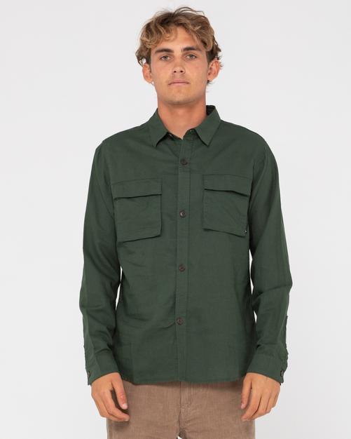 Rückansicht von RUSTY LINEN WORKWEAR LONG SLEEVE SHIRT Langarmhemd Herren Rifle Green