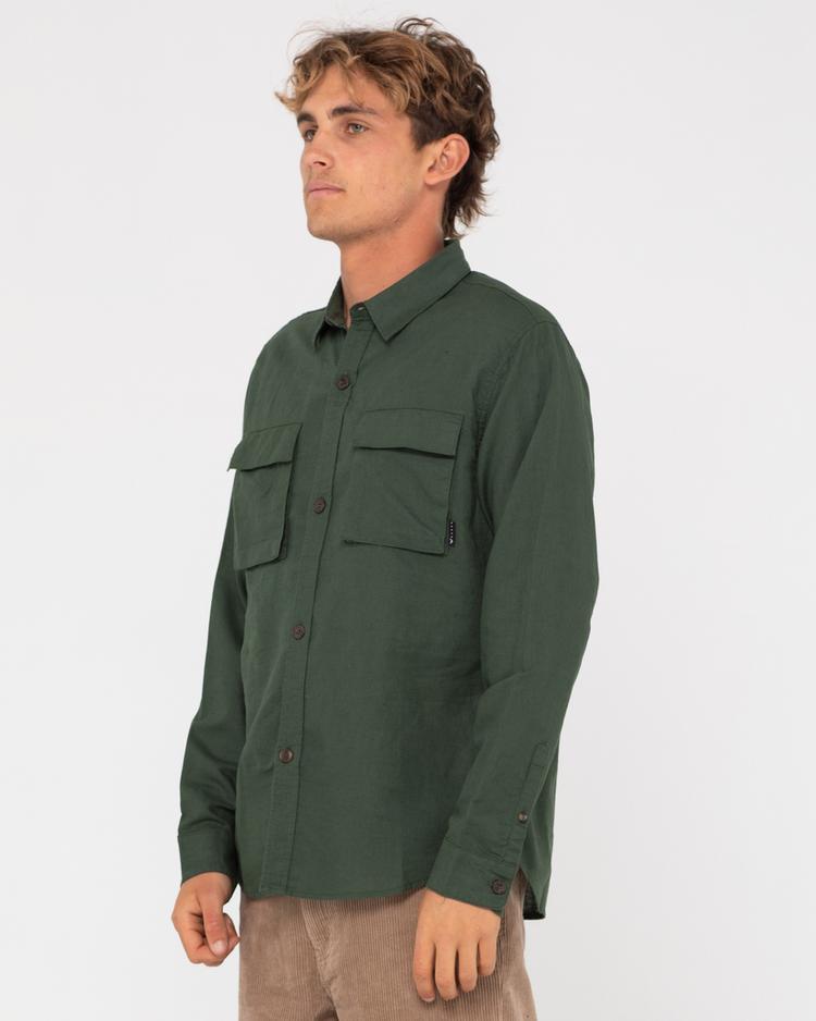 RUSTY RUSTY LINEN WORKWEAR LONG SLEEVE SHIRT Langarmhemd Herren - Rifle Green - 3 | SportScheck