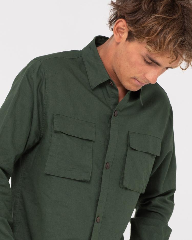 RUSTY RUSTY LINEN WORKWEAR LONG SLEEVE SHIRT Langarmhemd Herren - Rifle Green - 4 | SportScheck