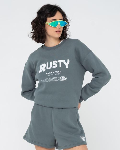 Rückansicht von RUSTY BUSY LIVING RELAXED CREW FLEECE Rundhalspullover Damen Dusty Teal