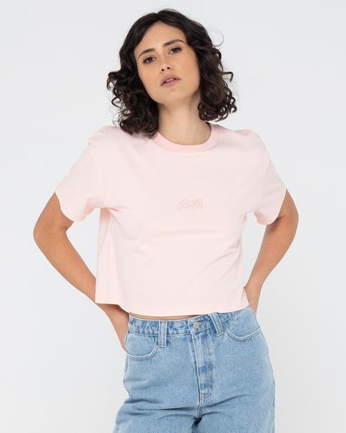 Rückansicht von RUSTY RUSTY SCRIPT RELAXED FIT CROP TEE T-Shirt Damen Pastel Pink