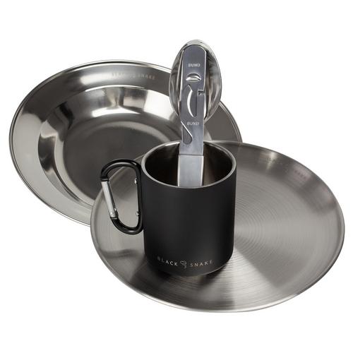 Rückansicht von Black Snake Camping Set Tasse, Teller, Essbesteck Geschirrset Silber