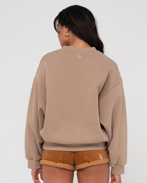 Rückansicht von RUSTY SIGNATURE OVERSIZE CREW FLEECE Rundhalspullover Damen Taupe