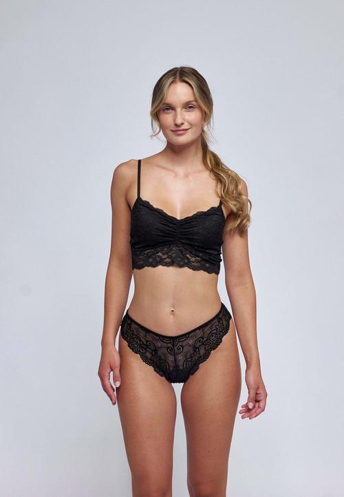 Rückansicht von Snocks Brazilian Slips aus Spitze Slip Damen Schwarz