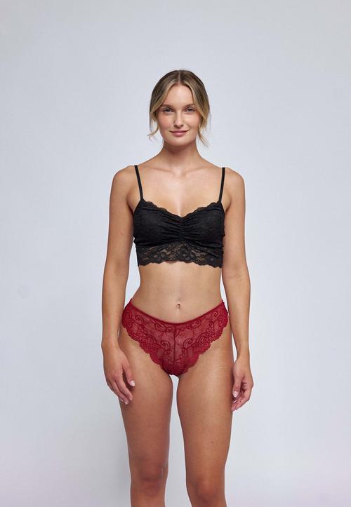 Rückansicht von Snocks Brazilian Slips aus Spitze Slip Damen Dunkelrot