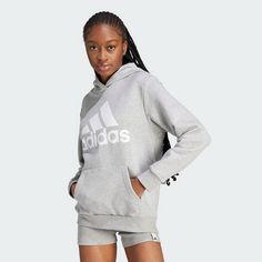 Rückansicht von adidas Essentials Logo Boyfriend Hoodie Hoodie Damen Medium Grey Heather / White