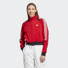Rückansicht von adidas Tiro Suit Up Lifestyle Trainingsjacke Outdoorjacke Damen Better Scarlet / Black / White