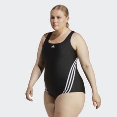 Rückansicht von adidas 3-Streifen Badeanzug – Große Größen Badeanzug Damen Black / White