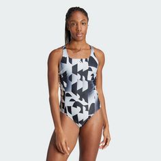 Rückansicht von adidas 3-Streifen Graphic Badeanzug Badeanzug Damen Black