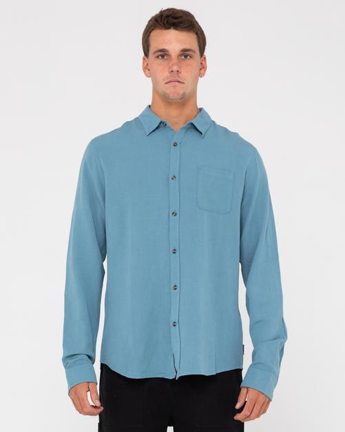 Rückansicht von RUSTY OVERTONE LONG SLEEVE LINEN SHIRT Langarmhemd Herren Blue Ashes