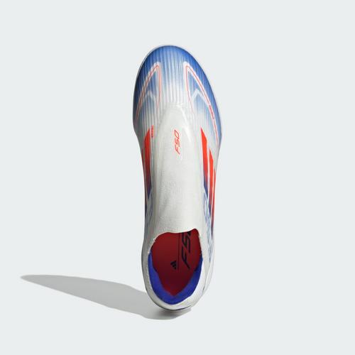 Rückansicht von adidas F50 League Laceless TF Fußballschuh Fußballschuhe Cloud White / Solar Red / Lucid Blue