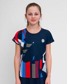 Rückansicht von BIDI BADU New York 2024 Junior Capsleeve Tennisshirt Kinder dark blue/rot/blau