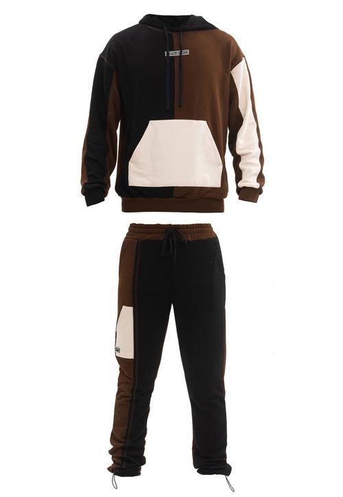 Rückansicht von Tom Barron Colorblock Sporty Hoodie Set Trainingsanzug Herren BROWN
