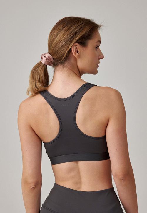 Rückansicht von Snocks Sport-BH aus recyceltem Polyester Sport-BH Damen Dunkelgrau