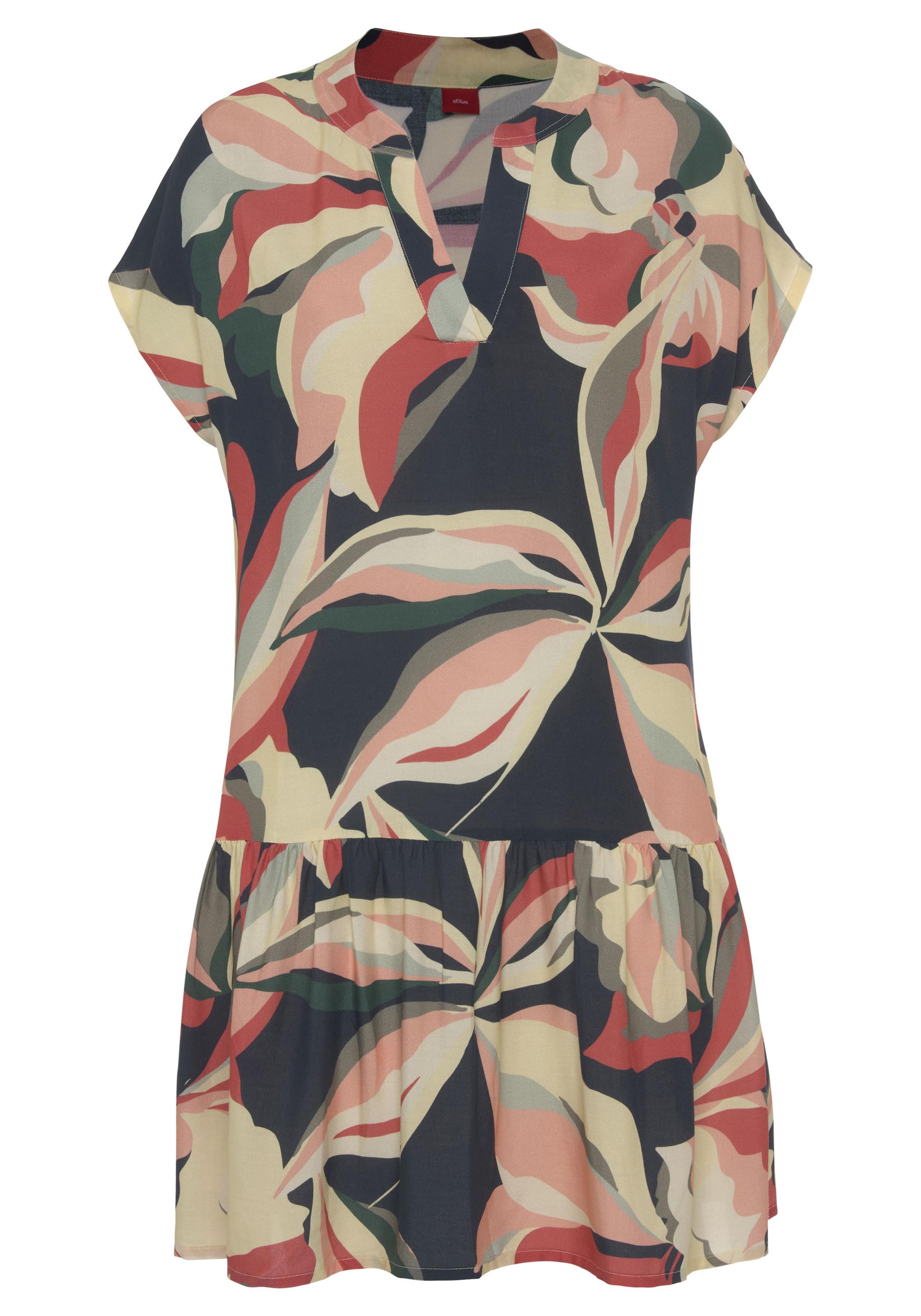S.OLIVER Blusenkleid Kurzarmkleid Damen - marine-koralle bedruckt