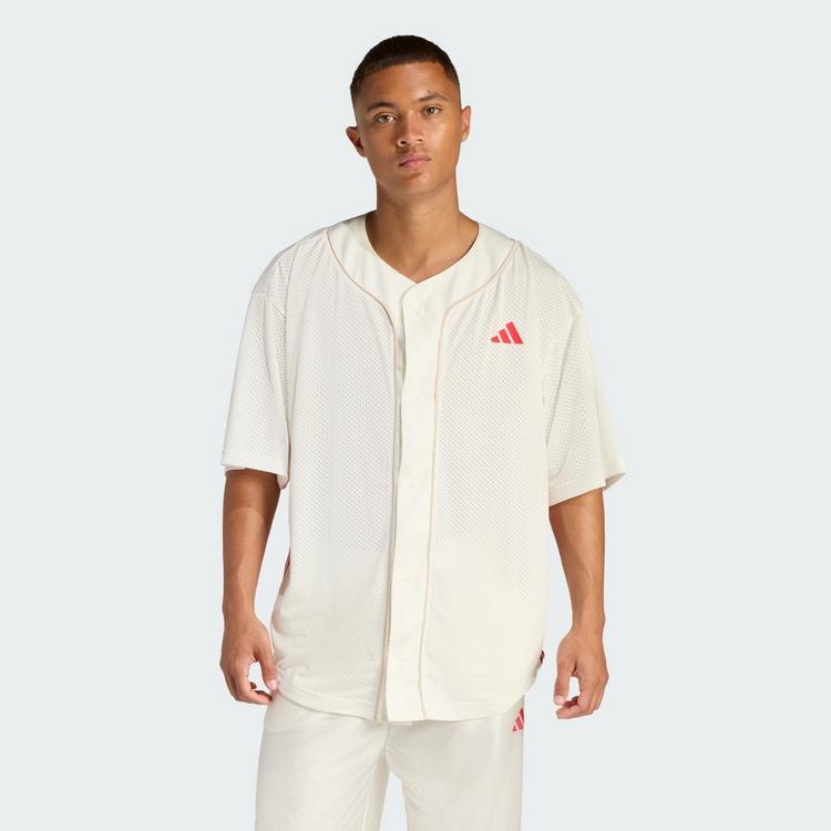 adidas adidas STADIUM MESH BASEBALLSHIRT T-Shirt Herren - Off White / Crystal Linen / Pure Ruby - 0 | SportScheck