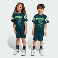 Rückansicht von adidas Disney Micky Maus T-Shirt-Set Kinder Trainingsanzug Kinder Aurora Ivy / Off White / Lime Burst
