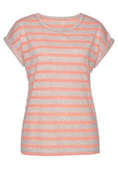 Vivance Kurzarmshirt T-Shirt Damen hellgrau-meliert-neonorange-gestreift