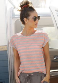 Rückansicht von Vivance Kurzarmshirt T-Shirt Damen hellgrau-meliert-neonorange-gestreift