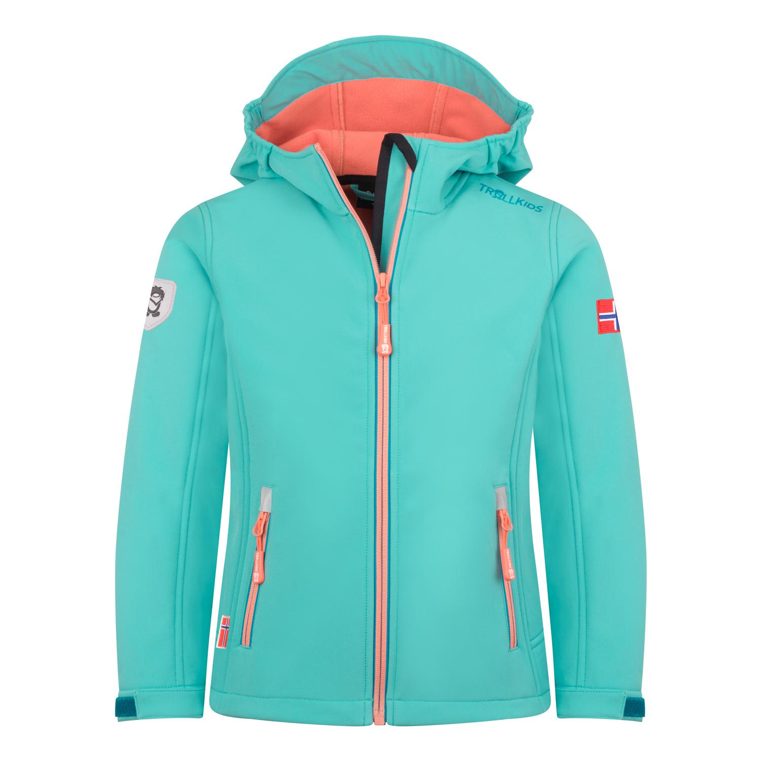 Trollkids Trollfjord Softshelljacke M&auml;dchen - aqua nebel-hafenblau-milder pfirsich