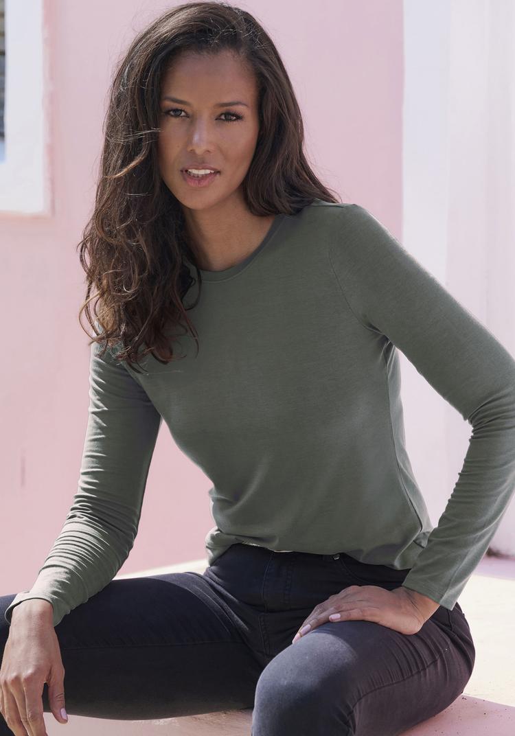 Lascana Lascana Langarmshirt Langarmshirt Damen - graugr&uuml;n - creme - 0 | SportScheck