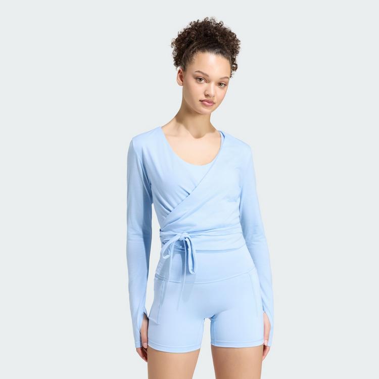 adidas adidas 3-STREIFEN STUDIO SOFT BALLETT WICKELTOP Funktionsshirt Damen - Glow Blue / Earth Strata - 0 | SportScheck