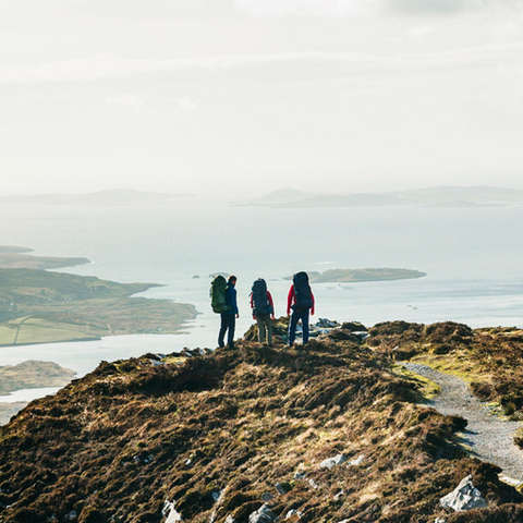 Eine Gruppe Wanderer blickt auf einen Fjord hinaus.