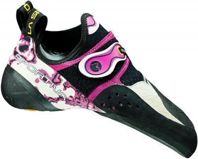 La Sportiva Solution Boulderschuhe für Fortgeschrittene in Schwarz-Weiß mit pinken Applikationen.