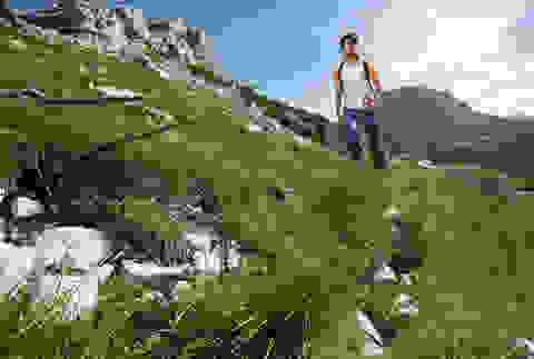 Ein Mann wandert auf einem grünbewachsenem Berggipfel.